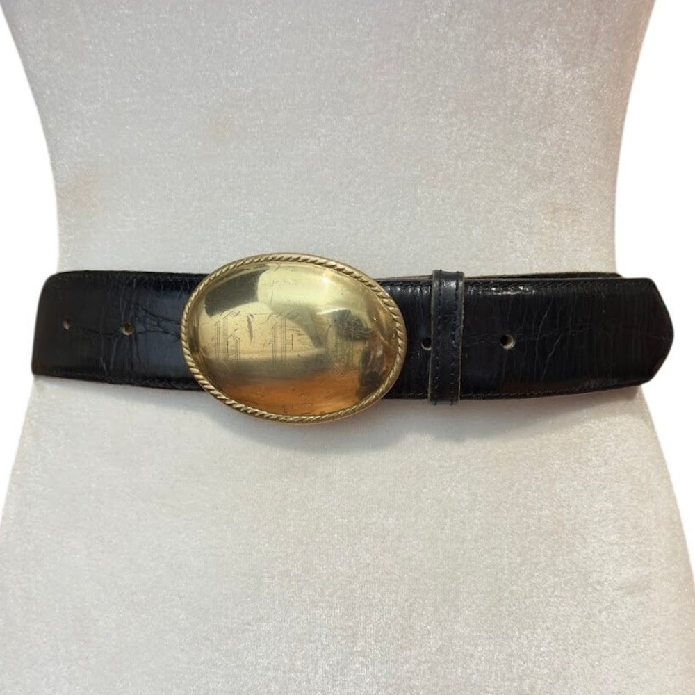 Vintage Zele Black Croc Embossed Leather Belt Solid Brass Monogram Buckle L